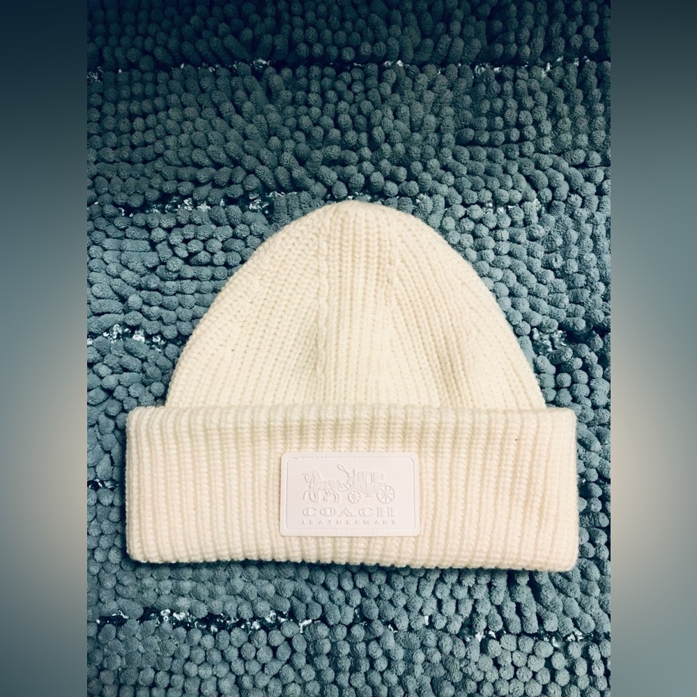Women’s Cream Coach Leather Patched Beanie